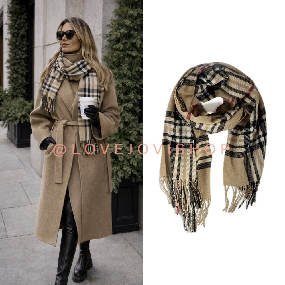 Classic | Large Plaid Scarf | Tan Red Black Ivory | Perfect Neutral | Wrap Shawl